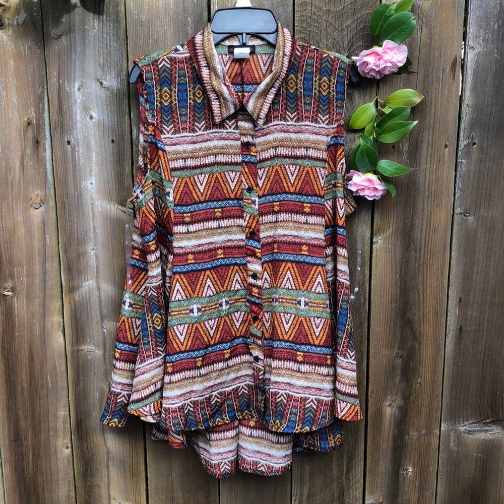 Boho Tribal Print Sleeveless Button-Up Top - Rust Multi